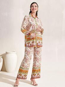 Mulvari Floral Print Button Front Shirt & Wide Leg Trousers - Apricot - View 1