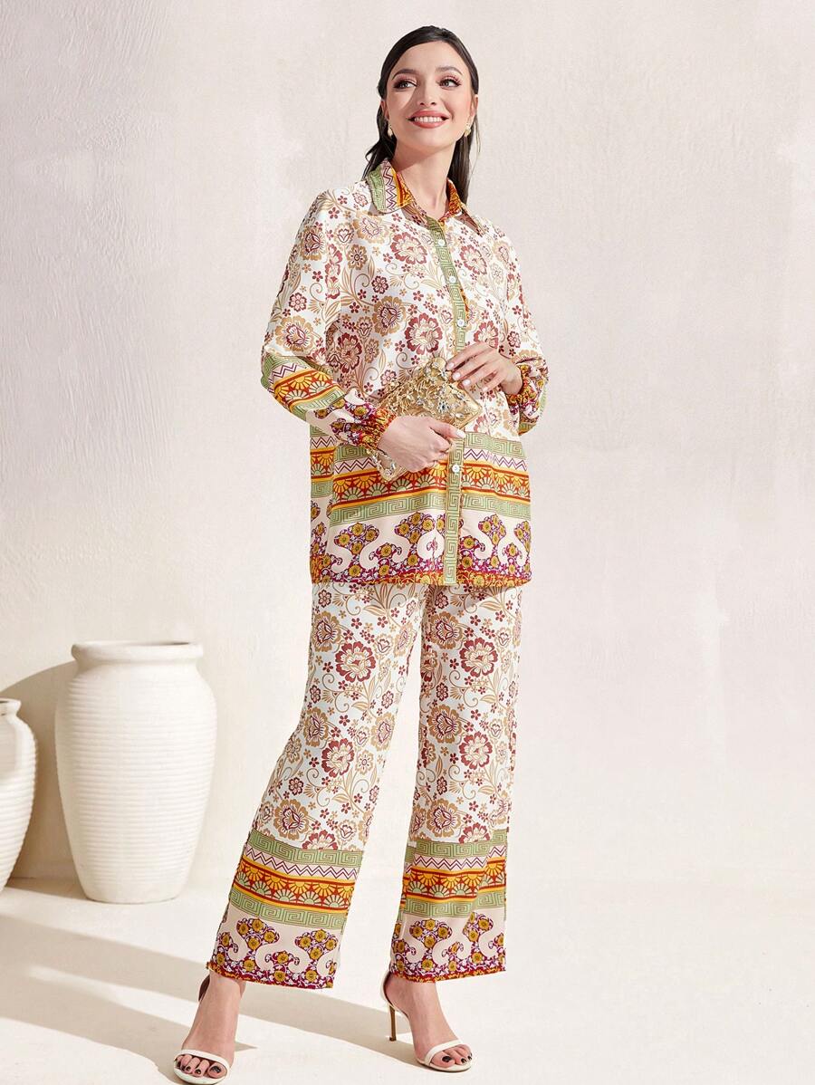 Mulvari Floral Print Button Front Shirt & Wide Leg Trousers - Apricot - View 1