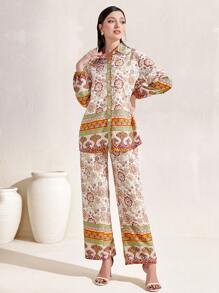 Mulvari Floral Print Button Front Shirt & Wide Leg Trousers - Apricot - View 4
