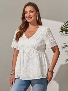 EMERY ROSE 大碼網眼刺繡貝殼邊荷葉邊下擺襯衫 - 白色 - 查看 3