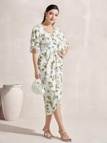 Modelyn Đầm Thắt lưng Xù Trọn gói Hoa Tất cả trên in Boho - màu xanh lá - Xem 1