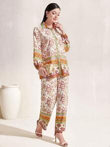 Mulvari Floral Print Button Front Shirt & Wide Leg Trousers - Apricot - View 5