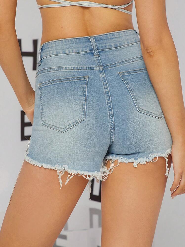 Denimoi 秋季女装，蓝色高腰性感水钻细节原始下摆牛仔短裤，牛仔短裤，秋季服装。适合日常穿着、外出、音乐会、节日、派对 - 淺色水洗藍 - 查看 2