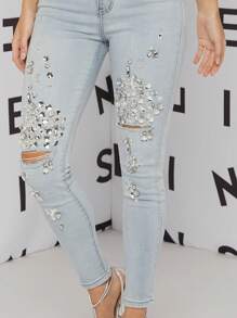 水鑽細節破洞緊身牛仔褲 - 淺色水洗藍 - 查看 3
