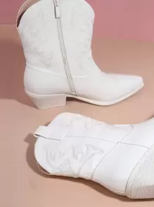 SHUZIA Giày nữ Giày cao bồi thêu cổ cao mũi nhọn cao gót đế vuông Giày bốt miền Tây PU màu ngà Giày bốt miền Tây Quà tặng ngày lễ tình nhân năm mới Giày mùa hè Giày Valentine - Màu be - Xem 3
