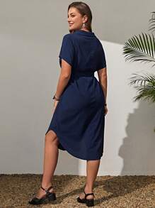EMERY ROSE Đầm Plus Size Thắt lưng Túi màu trơn Giải trí - Màu xanh hải quân - Xem 2