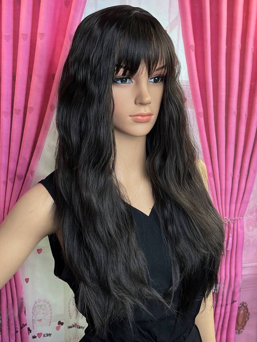 Tóc Giả Tổng Hợp Xoăn Dài Có Bangs - màu đen - Xem 1