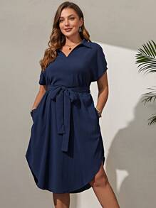 EMERY ROSE Đầm Plus Size Thắt lưng Túi màu trơn Giải trí - Màu xanh hải quân - Xem 3