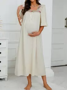 SHEIN Trang phục thư giãn Bà bầu Thêu Thắt nút Xù Hoa Dễ thương - Màu be - Xem 1