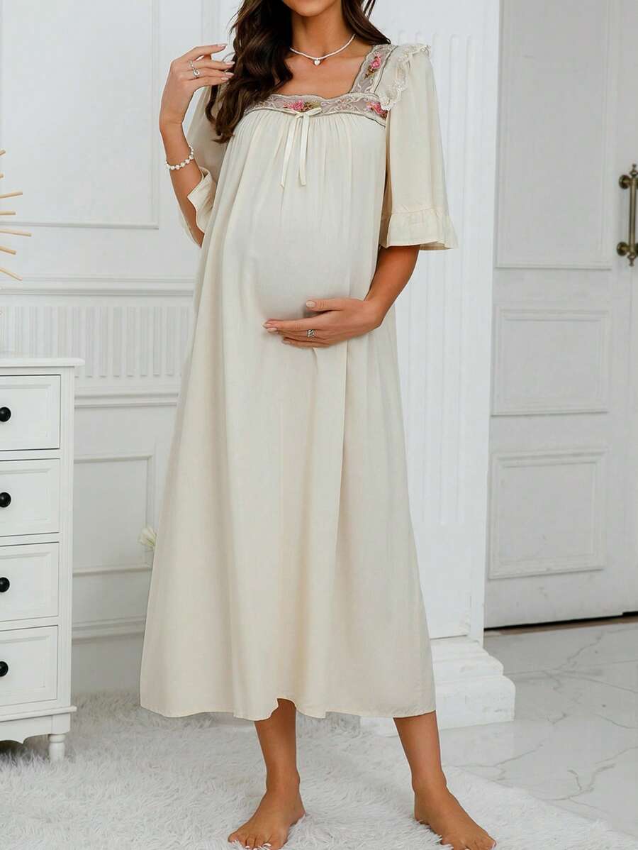 SHEIN Trang phục thư giãn Bà bầu Thêu Thắt nút Xù Hoa Dễ thương - Màu be - Xem 1