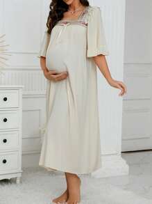 SHEIN Trang phục thư giãn Bà bầu Thêu Thắt nút Xù Hoa Dễ thương - Màu be - Xem 3