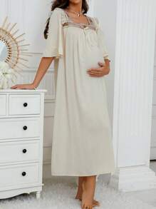 SHEIN Trang phục thư giãn Bà bầu Thêu Thắt nút Xù Hoa Dễ thương - Màu be - Xem 4