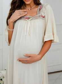 SHEIN Trang phục thư giãn Bà bầu Thêu Thắt nút Xù Hoa Dễ thương - Màu be - Xem 5