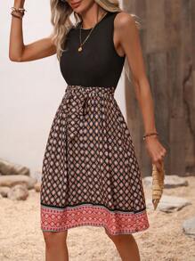 SHEIN VCAY Geo Print Belted Dress - Multicolor - View 5