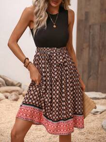 SHEIN VCAY Geo Print Belted Dress - Multicolor - View 6