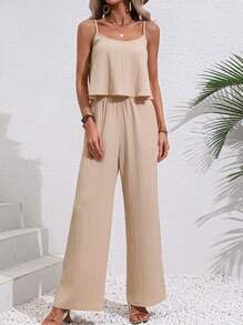 SHEIN LUNE 素色吊帶上衣和闊腿褲 - 杏色 - 查看 3