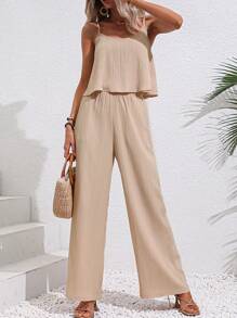 SHEIN LUNE 素色吊帶上衣和闊腿褲 - 杏色 - 查看 4