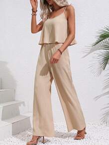 SHEIN LUNE 素色吊帶上衣和闊腿褲 - 杏色 - 查看 5