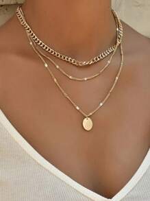 1入組時尚鋅合金圓盤裝飾分層鏈女士項鍊適合假日海灘裝飾 - 金色 - 查看 1