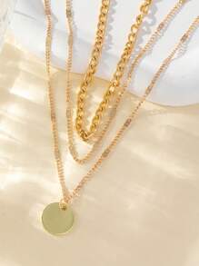 1入組時尚鋅合金圓盤裝飾分層鏈女士項鍊適合假日海灘裝飾 - 金色 - 查看 4