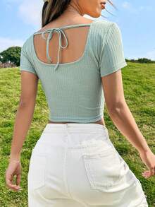 SHEIN Qutie Square Neck Crop Tee - Mint Green - View 2