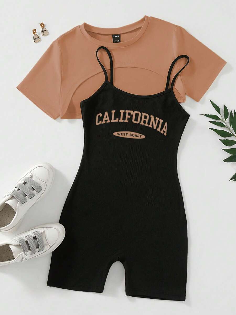 SHEIN Unity Bộ đồ hai mảnh nữ Cao thấp Gân đan Lá thư Giải trí - Nhiều màu - Xem 1