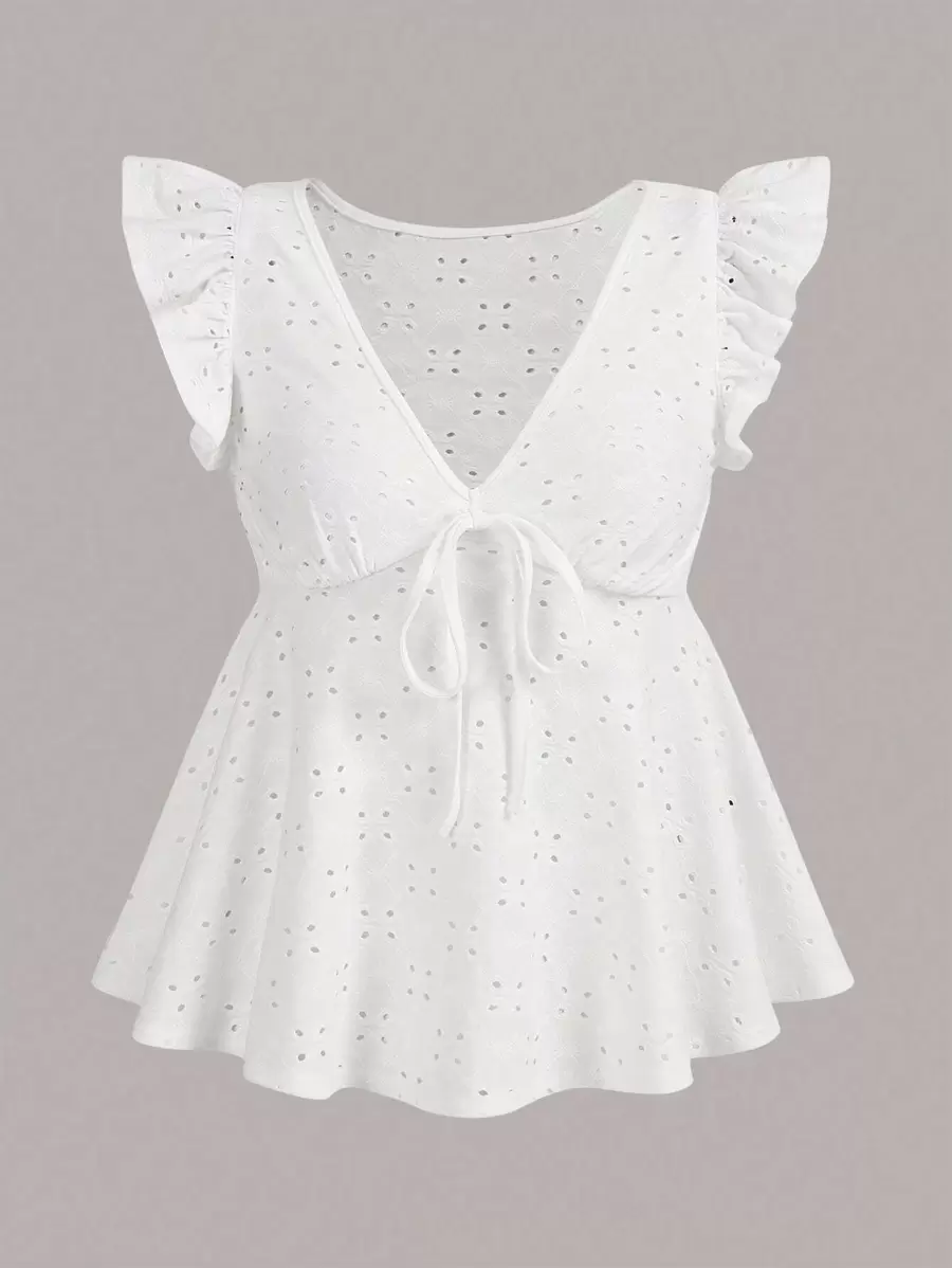 Soleia Eyelet Embroidery Tie Front Ruffle Trim Peplum Tee - White - View 1