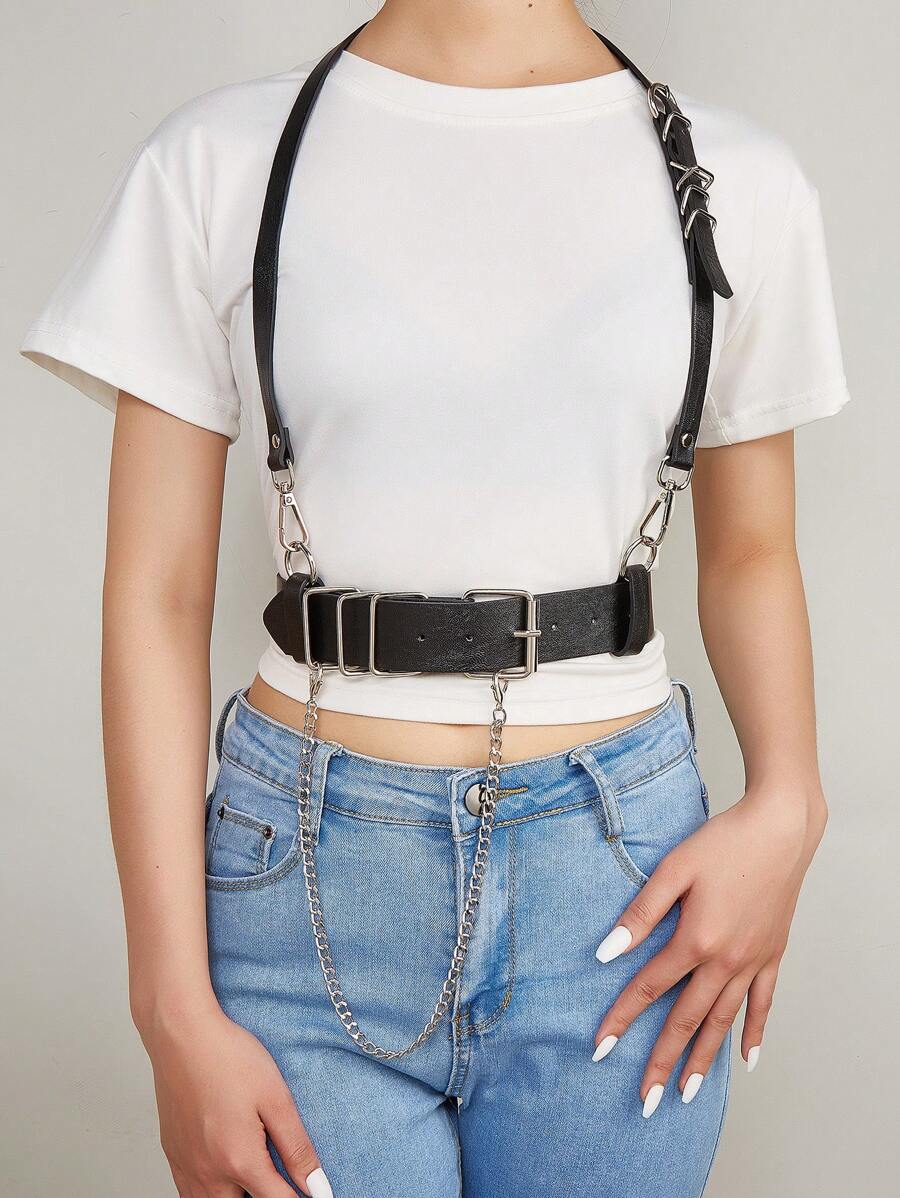 New Pu Leather Chain-strap Back-wearing Style Waist Belt With Unique Design - Black - View 1