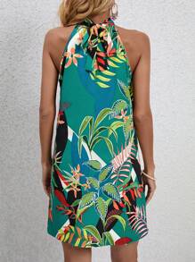 SHEIN VCAY Tropical Print Tie Back Halter Neck Dress - Multicolor - View 2