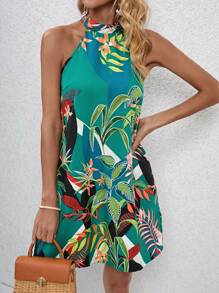 SHEIN VCAY Tropical Print Tie Back Halter Neck Dress - Multicolor - View 3