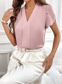 SHEIN Privé 素色花瓣袖V領襯衫 - 淺粉色 - 查看 4