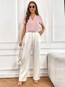 SHEIN Privé 素色花瓣袖V領襯衫 - 淺粉色 - 查看 5