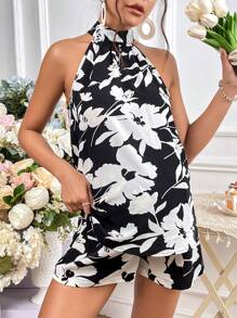 SHEIN Top halter con espalda de lazo y estampado floral + pantalones cortos de cintura ajustable para embarazadas - Blanco y Negro - Ver 4