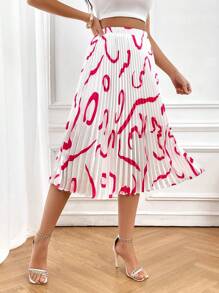 SHEIN Privé 圖案印花百褶半身裙 - 白色 - 查看 4