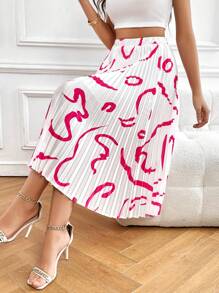 SHEIN Privé 圖案印花百褶半身裙 - 白色 - 查看 3