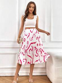 SHEIN Privé 圖案印花百褶半身裙 - 白色 - 查看 5