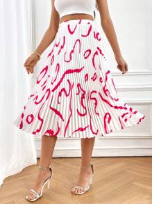 SHEIN Privé 圖案印花百褶半身裙 - 白色 - 查看 1