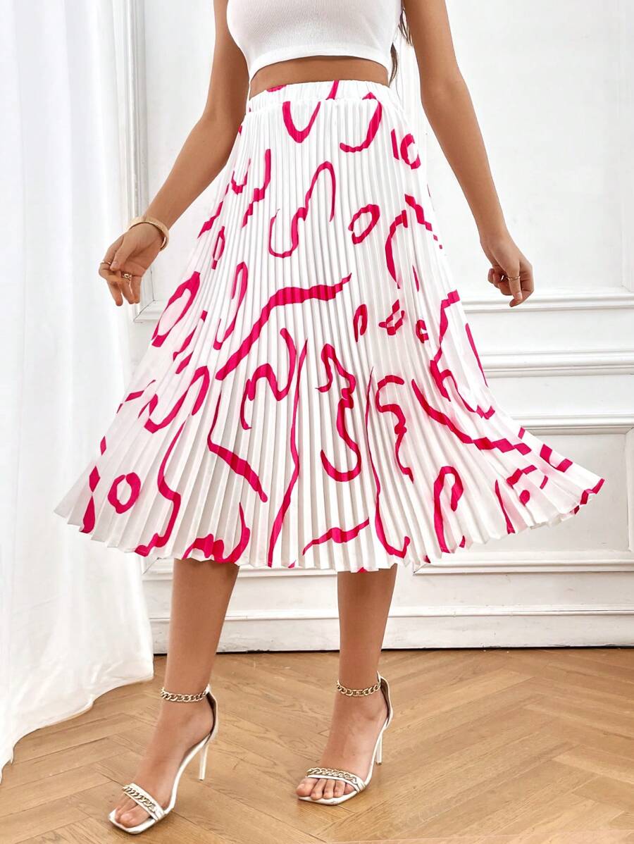 SHEIN Privé 圖案印花百褶半身裙 - 白色 - 查看 1