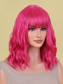 短卷人造假髮帶劉海 - 玫紅色 - 查看 3