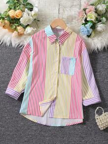 Girls Striped Print Colourblock Patched Pocket Drop Shoulder Shirt - Multicolor - View 3