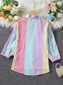 Girls Striped Print Colourblock Patched Pocket Drop Shoulder Shirt - Multicolor - View 2