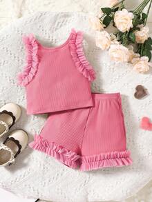 Niñas ribete con fruncido Top tank & Shorts - Rosa - Ver 2