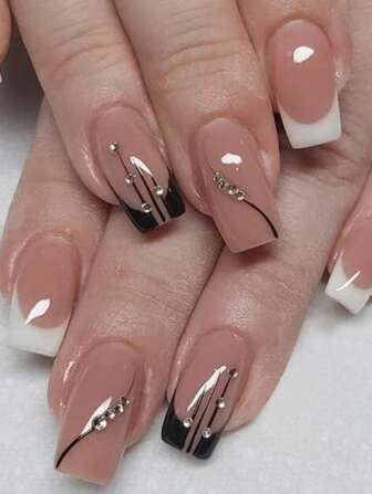 Upgrade Your Look With 24pcs Long Square 3D Rhinestone Decor Full Cover Fake Nail Kit