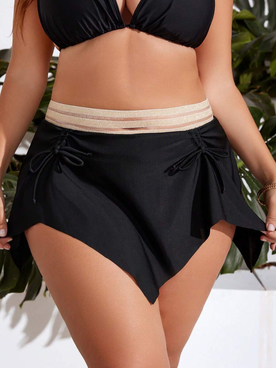 Falda bikini bajo asimétrico con cordón delantero - Negro - Ver 1