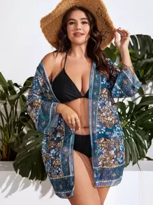 SHEIN Swim Curve Kimono con estampado floral con parte delantera abierta - Azul - Ver 1