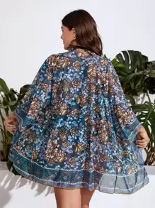 SHEIN Swim Curve Kimono con estampado floral con parte delantera abierta - Azul - Ver 2