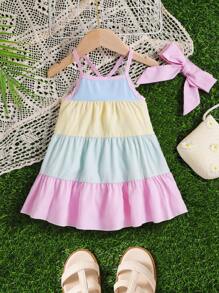 Bebé Vestido de tirantes de color combinado bajo con fruncido con diadema - Multicolor - Ver 1