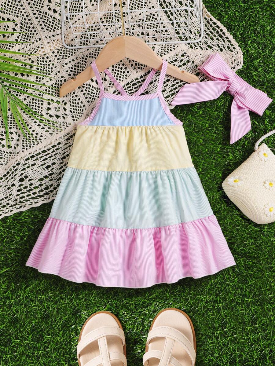 Bebé Vestido de tirantes de color combinado bajo con fruncido con diadema - Multicolor - Ver 1