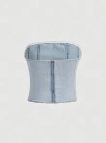 SHEIN MOD Solid Zip Back Tube Denim Top - Light Wash - View 2