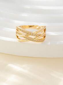 1入組迷人方晶鋯石裝飾分層女士戒指適合派對 - 金黃色 - 查看 2